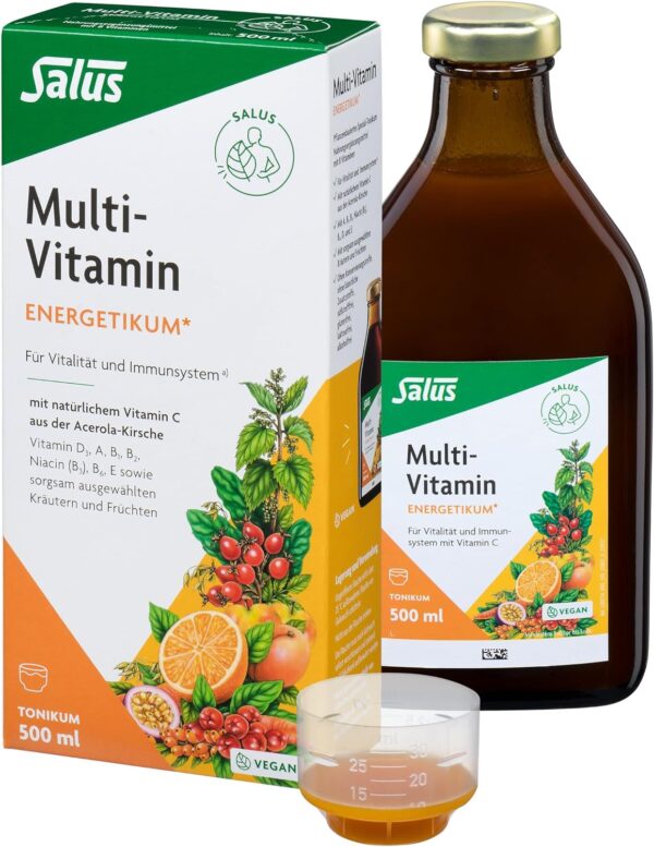 Salus Multi-Vitamin Energetikum (a) - 1x 500 ml - Tonikum mit 8 wichtigen Vitaminen - Vitamin A, B1, B2, Niacin (B3), B6, D3 und E - vegan - bio