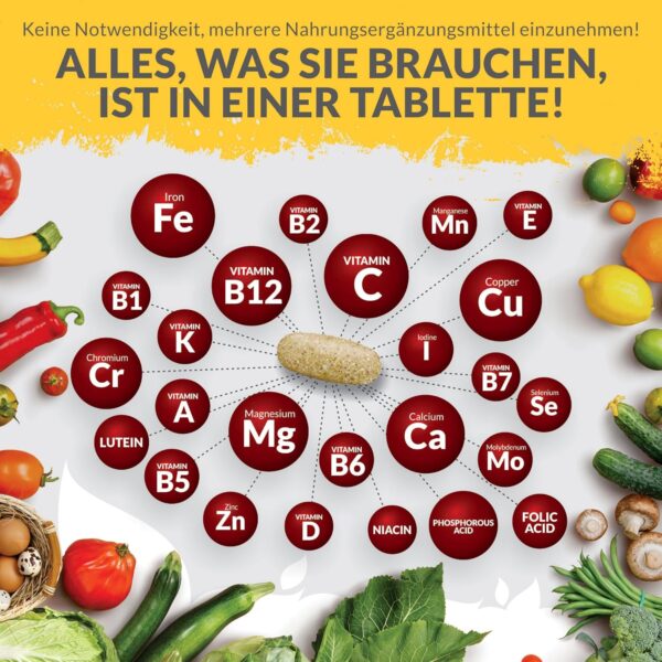 Multivitamin & Mineralstoffe A-Z - 365 Vegetarische Tabletten - 1 Jahresvorrat - 25 Vitamine und Mineralstoffe pro Tablette Hochdosiert - Hergestellt en Europa - Nu U Nutrition – Bild 10
