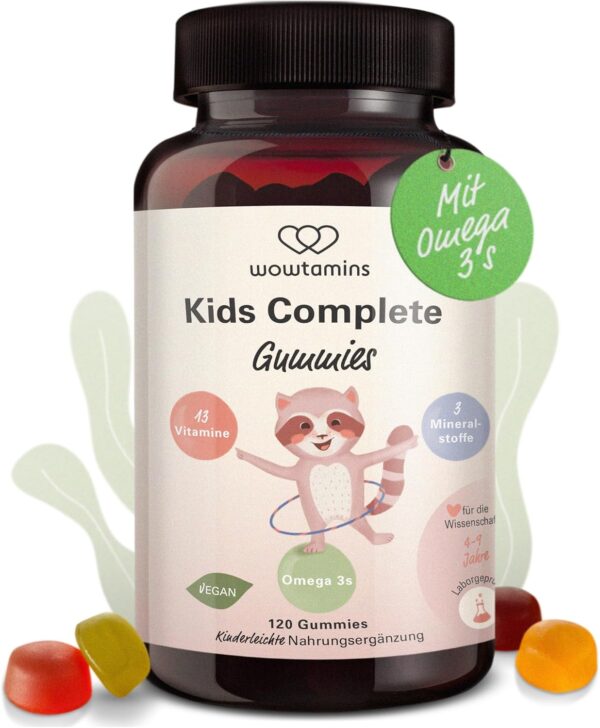 wowtamins Kids Complete - Vegane Multivitamin Gummies mit Omega 3 (30-Tage-Vorrat) - Vitamine für Kinder - Nahrungsergänzungsmittel für das Immunsystem mit Vitamin C, D3, B12, Zink & mehr