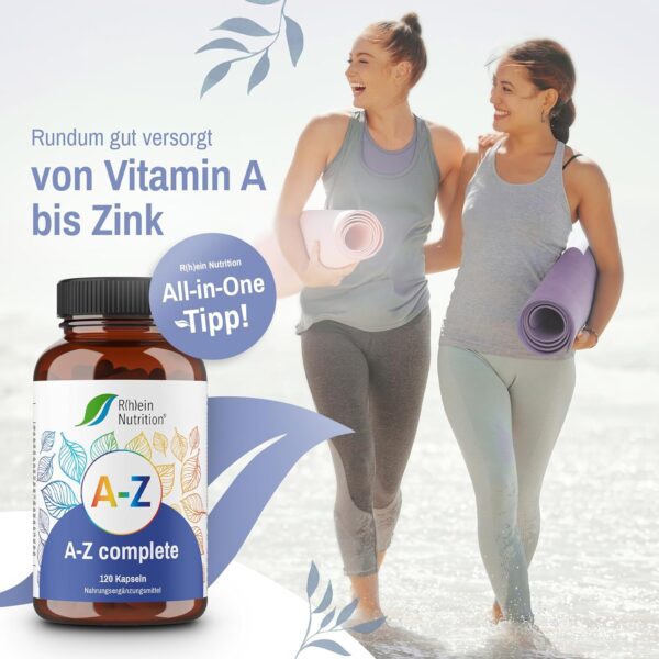 A-Z Complete - Multivitamin Kapseln Hochdosiert - Mineralien - 120 Kapseln - Zink Vitamin B Komplex Magnesium - Vegan Ohne Zusätze - in Deutschland hergestellt - Rhein Nutrition – Bild 2
