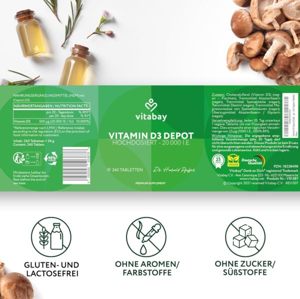 Vitabay Vitamin D3 Depot 20.000 I.E. - 240 Vegane Tabletten Hochdosiert & Vegan - ohne unerwünschte Zusätze - Trägt zur Unterstützung des Immunsystems und zur Erhaltung normaler Knochen bei – Bild 7