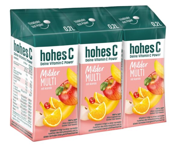 hohes C Milder Multivitamin (3 x 0,2l), 100% Saft, Apfel, Orange, Acerola, Mango, 7 Vitamine, ohne Zuckerzusatz laut Gesetz, weniger Säure, vegan