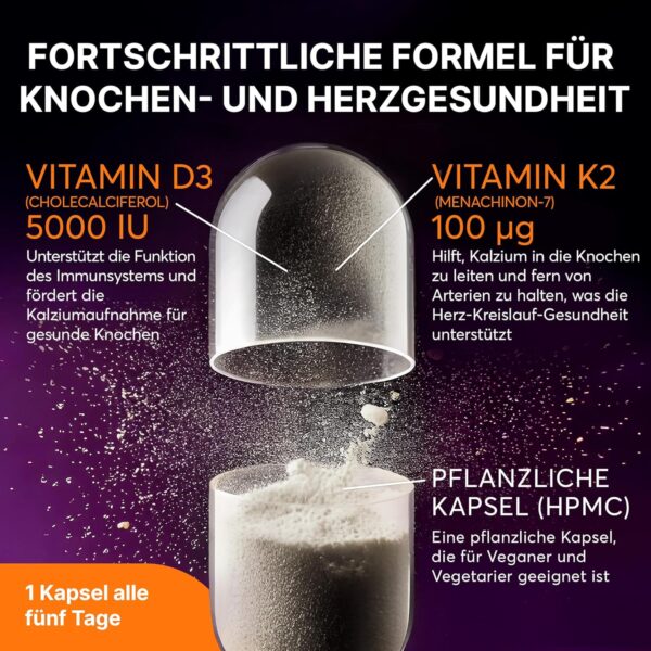 Vitamin D3 + K2 5000 IU | 2 In 1 | Für Knochen, Herz Und Gesundheit | Täglicher Unterstützungskomplex Für Frauen Und Männer | Nicht-GMO, Glutenfrei, Vegan | 120 Kapseln – Bild 2