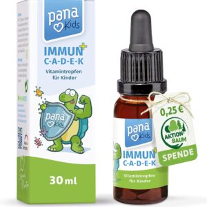 PanaKids IMMUN+ C-A-D-E-K Tropfen für Kinder – 30 ml – Mit Vitamin A, C, D3, E, K2 für Immunsystem & Knochen & Zellen – Hohe Bioverfügbarkeit – Laborgeprüft – Zuckerfrei & Vegan – Made in Germany