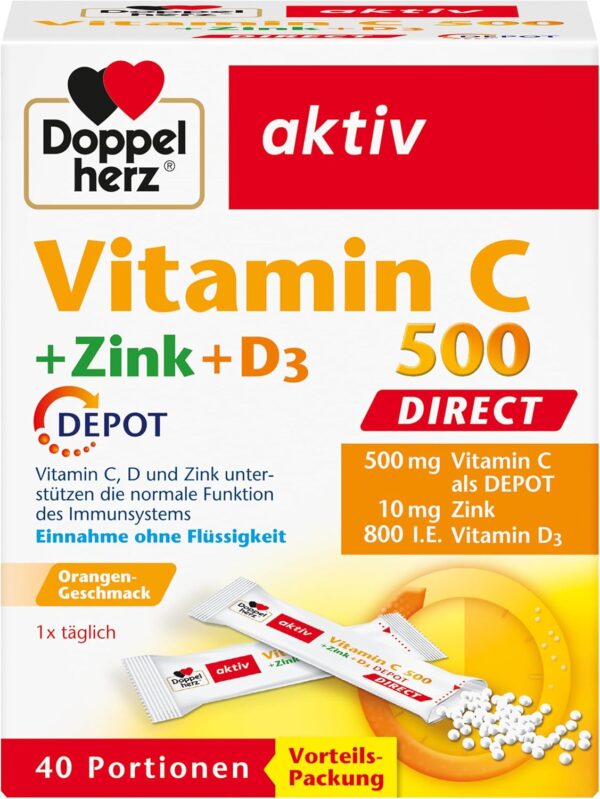Doppelherz Vitamin C 500 + Zink + D3 DIRECT Micro-Pellets mit DEPOT-Effekt – Mit Vitamin C, Zink und Vitamin D als Beitrag für die normale Funktion des Immunsystems – 40 Portionen