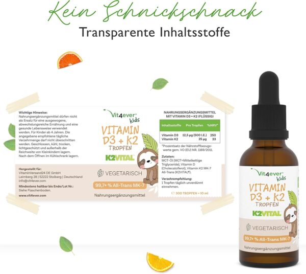 Vitamin D3 K2 Tropfen für Kinder für 300 Tage (10 Monate) - 500 IE Vitamin D & 25μg Vitamin K2 - Hoch bioverfügbar durch Original K2VITAL® - Ohne schädliche Zusätze - Vitamine für Kids – Bild 5