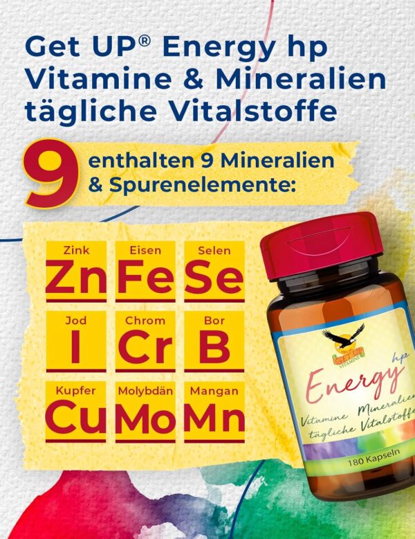 Get UP® Energy hp | 29 hochdosierte Vitamine Mineralien & Vitalstoffe | OPC, Coenzym Q10, Bor & Bioflavonoide | vegetarisch | 180 Kapseln im Glas – Bild 4