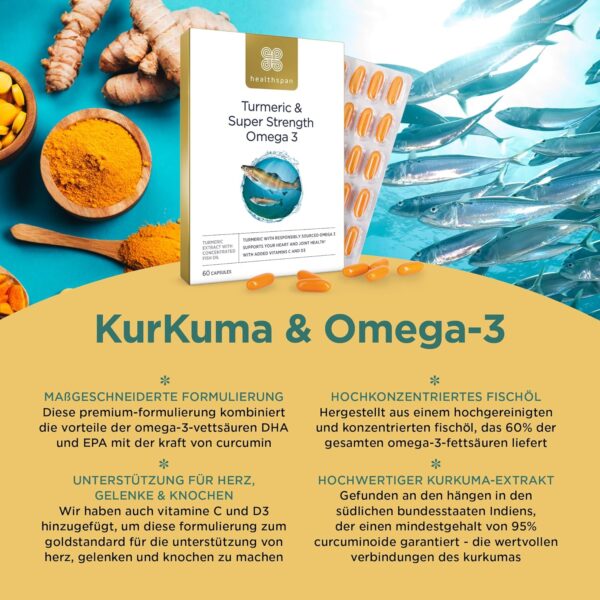 Healthspan Kurkuma & Omega 3 | Mit Vitamin C & Vitamin D3 zur Unterstützung der Herz-, Gelenk- und Knochengesundheit | Fördert das Immunsystem | Nachhaltig angebaut | 60 Kapseln – Bild 3