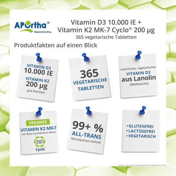 APOrtha® Vitamin D3 10.000 I.E + 200 µg K2 99+% ALL-Trans, 365 vegetarische Tabletten hochdosiert u. teilbar, Premium Vitamin D und K Tablette leicht zu schlucken - Alternative zu Tropfen und Kapseln – Bild 2
