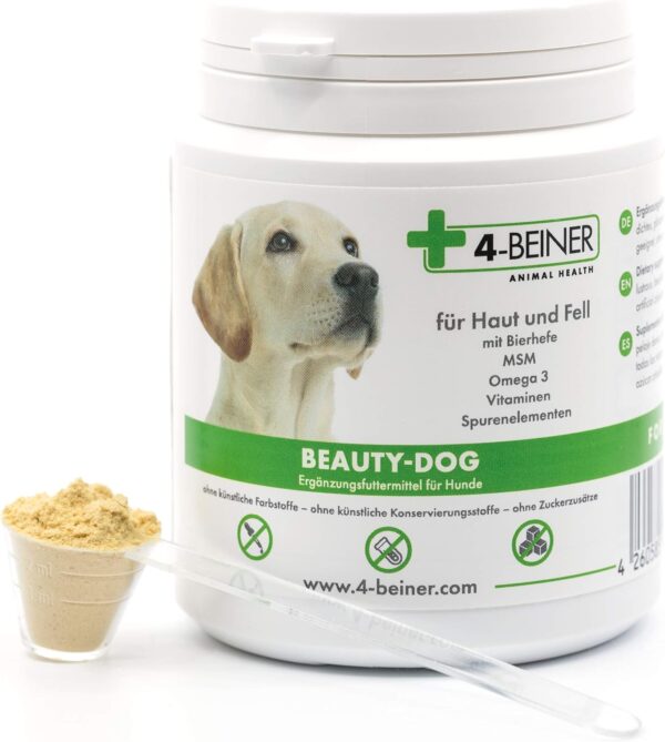 4-BEINER Beauty-Dog, Multi-Vitamine für Hunde mit MSM, Omega 3, Vitamin B-Komplex, Vitamin C, Biotin, Bierhefe, Mariendistel, Schwarzkümmelöl, Zink, Jod, Selen
