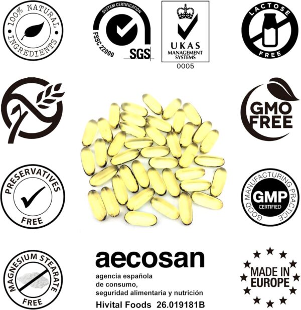 Omega 3 2000 mg | 200 Kapseln für mehr als 3 Monate | Mit 800 mg EPA, 400 mg DHA und natürlichem Vitamin E | Das einzige mit spanischem Fischöl, das zur Gesundheit von Herz, Gehirn und Augen beiträgt – Bild 4