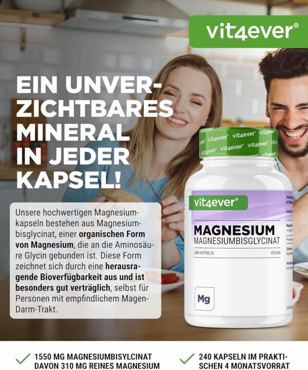 Magnesiumbisglycinat - 240 Kapseln - Premium: Chelatiertes Magnesium - 155 mg elementares Magnesium pro Kapsel - Laborgeprüft - Vegan - Hochdosiert – Bild 2