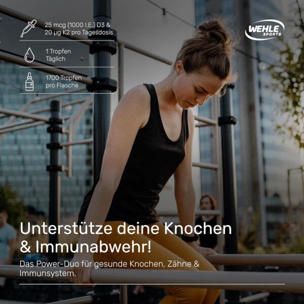 Vitamin D3 K2 Tropfen Hochdosiert [1000 IE] - Vit D3 K2 Hochdosiert - Vitamin D K2 - Vitamin D3 K2 Öl - Vitamin D3 K2 1000 IE - 50ml 1700 Tropfen - Hoch Bioverfügbar - LABORGEPRÜFT Wehle Sports® – Bild 2