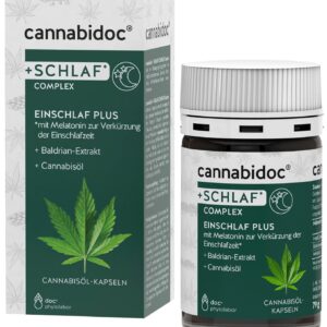 cannabidoc + SCHLAF COMPLEX EINSCHLAF PLUS, 60 Kapseln mit Melatonin, Baldrianextrakt und Cannabisöl, zur Unterstützung natürlichen Schlafs, Verkürzung Einschlafphase, Einschlafhilfe