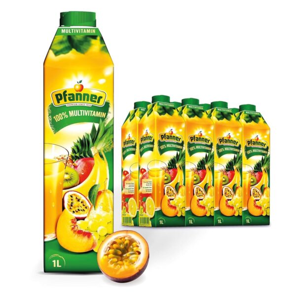Pfanner Multivitaminsaft (8 x 1 l) - 100% Fruchtgehalt – Saft aus 13 Früchten - Mehrfruchtsaft im Vorratspack