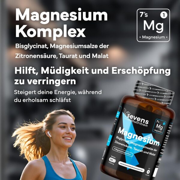 Magnesium Komplex - Premium – 4-fach Formel mit Bisglycinat, Citrat, Malat & Taurat – Hochdosiert – 180 Tabletten – Sevens – Bild 2