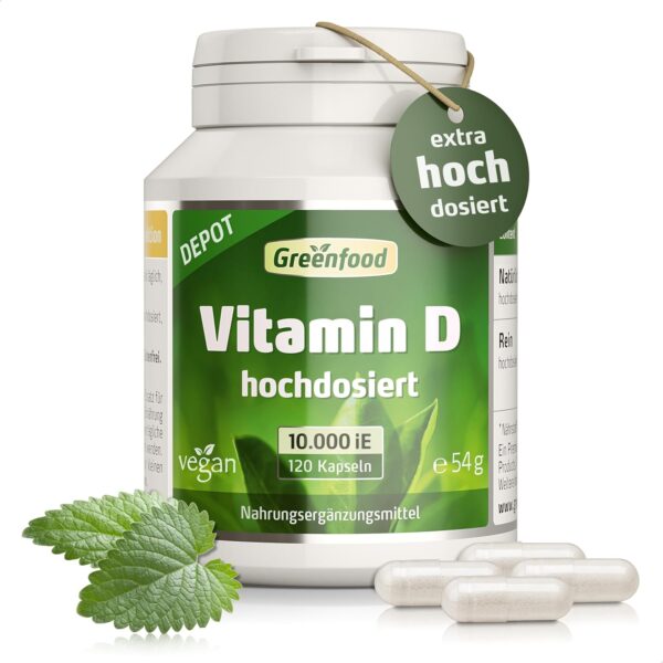 Vitamin D3 Depot Kapseln hochdosiert - 10000 i.E. pro Kapsel (120 vegane Kapseln) - Unterstützt Immunsystem, Muskeln und Zähne - 10-Tagesration, ohne Zusätze & Gentechnik, laborgeprüft - Greenfood