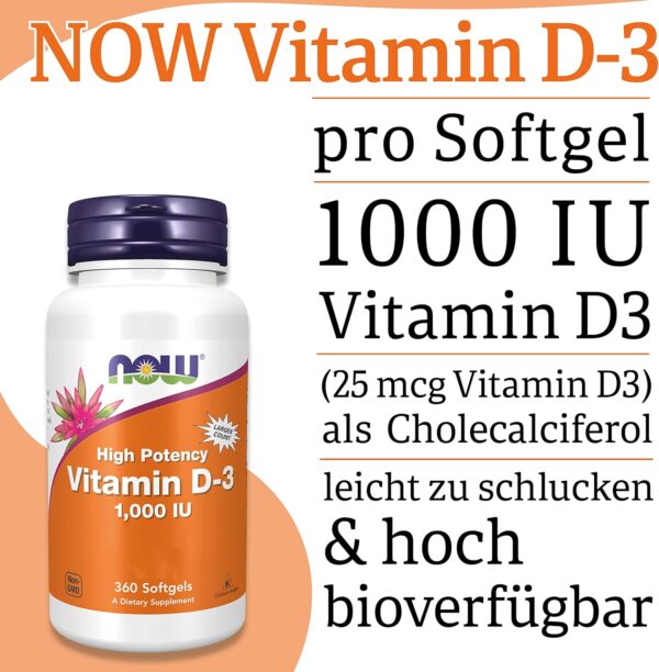 Now Foods, Vitamin D3, 1.000 IU, 360 Weichkapseln, Laborgeprüft, Hochdosiert, Glutenfrei, Sojafrei – Bild 5