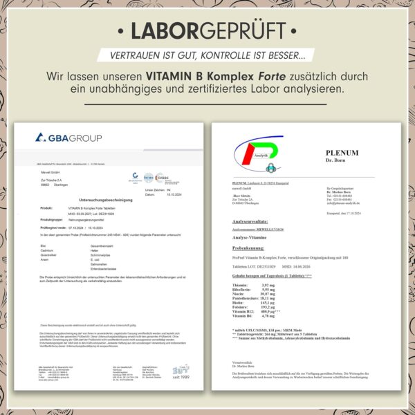 Vitamin B Komplex hochdosiert - 180 Tabletten - alle 8 B-Vitamine (B1, B2, B3, B5, B6, B7, B9, B12) + Co-Faktoren Cholin & Myo-Inositol - laborgeprüft mit Zertifikat - vegan - Vorrat für 6 Monate – Bild 5