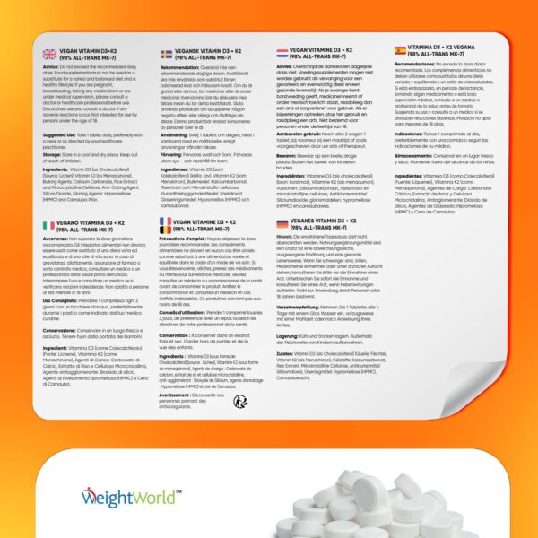 Vitamin D3 + K2-4000 I.E. vegane Tabletten - 240 Stück mit 125μg Vitamin K2 Menachinon - 1 Tablette/4 Tage - 98% All-Trans K2 MK7 - Für Knochen, Immunsystem & Muskeln - Sonnenvitamin - WeightWorld – Bild 6