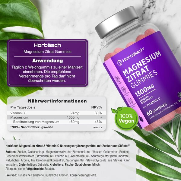 Magnesium Gummibärchen 1300mg | Magnesiumcitrat Gummies mit Vitamin C | Für Müdigkeit, Nervensystem & Elektrolyte (EFSA) | Alternative zu Eisentabletten | 60 Vegane Gummies | by Horbaach – Bild 3