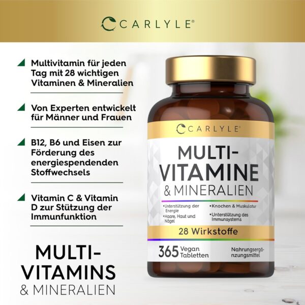 Multivitamin Tabletten Hochdosiert mit 28 Vitamine & Mineralien | 365 Vegane Stk | Immunsystem & Blutdruck (EFSA) | Nahrungsergänzungsmittel Frauen & Männer | Mineralstoffe Komplex | von Carlyle – Bild 2
