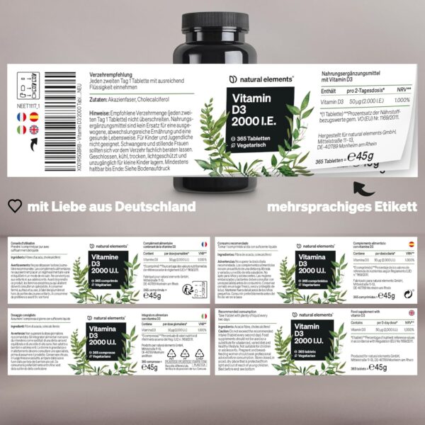 natural elements Vitamin D3 2000 I.E. – 365 Tabletten – für Knochen und Immunsystem – hochdosiert, ohne unnötige Zusätze – in Deutschland produziert & laborgeprüft – Bild 5