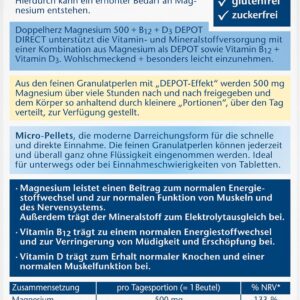 Doppelherz Magnesium 500 + B12 + D3 DIRECT mit DEPOT-Funktion - Magnesium als Beitrag für die normale Funktion der Muskeln und des Nervensystems - 20 Portionen Micro-Pellets (Packung mit 2)