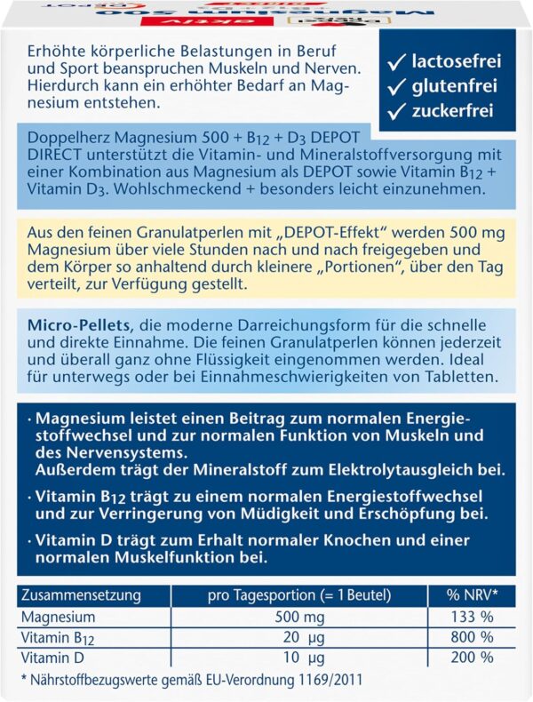 Doppelherz Magnesium 500 + B12 + D3 DIRECT mit DEPOT-Funktion - Magnesium als Beitrag für die normale Funktion der Muskeln und des Nervensystems - 20 Portionen Micro-Pellets (Packung mit 2)