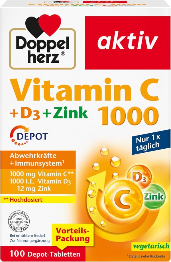 Doppelherz Vitamin C 1000 + D3 + Zink - Hochdosiert mit Vitamin C und Vitamin D zur Unterstützung des Immunsystems und zum Schutz der Zellen - 100 DEPOT-Tabletten