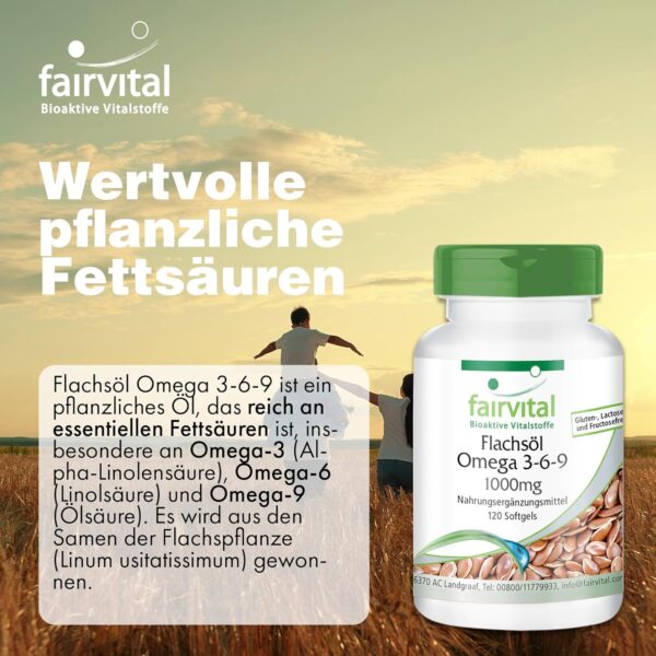 Fairvital | Omega-3-6-9 Kapseln - HOCHDOSIERT mit 2000mg LeinsamenÖl (Flaxseed Oil) pro Tagesdosis - natürliches Linolsäure & Alpha-Linolensäure - kaltgepresst - 120 Softgels – Bild 2