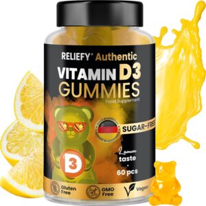 Reliefy Vitamin D3 Gummibärchen Hochdosiert 4000 IE | Immunsystem, Stoffwechsel & Knochen | Hohe Festigkeit für Kinder und Erwachsene - Zuckerfrei, Vegan und Glutenfrei - 60 Stück