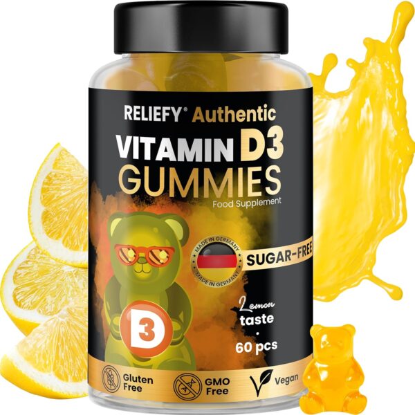 Reliefy Vitamin D3 Gummibärchen Hochdosiert 4000 IE | Immunsystem, Stoffwechsel & Knochen | Hohe Festigkeit für Kinder und Erwachsene - Zuckerfrei, Vegan und Glutenfrei - 60 Stück