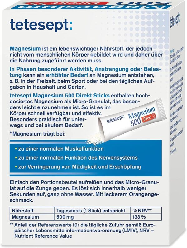 tetesept Magnesium 500 Direkt – Nahrungsergänzungsmittel mit Magnesium Pulver zur Einnahme ohne Wasser - Schnell für aktive Muskeln – 1 x 20 Direkt-Sticks – Bild 4