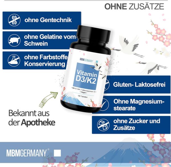 Vitamin D3 + K2 Tabletten - 180 Stück 5.000 i.E. [DEPOT] - Hochdosiert Vitamin D3 und 100 mcg Vitamin K2 pro EINER Tablette - Hochwertig: Manequinon MK7 - Laborgeprüft – Bild 5