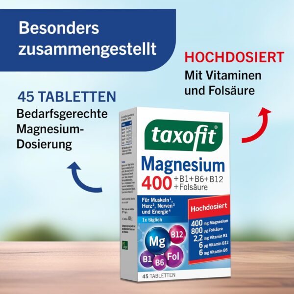 taxofit® Magnesium 400 Tabletten für Muskeln, Herz, Nerven, Energiestoffwechsel & Blutbildung | hochdosiert | vegan | Nahrungsergänzungsmittel mit Magnesium, B-Vitaminen & Folsäure | 5 x 45 Tabletten – Bild 7