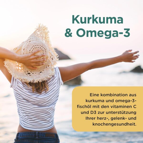 Healthspan Kurkuma & Omega 3 | Mit Vitamin C & Vitamin D3 zur Unterstützung der Herz-, Gelenk- und Knochengesundheit | Fördert das Immunsystem | Nachhaltig angebaut | 60 Kapseln – Bild 4