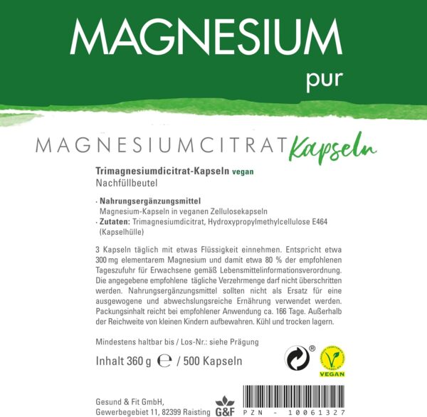 Magnesium-pur Magnesiumcitrat Kapseln vegan 500 Stück Beutel, hochdosiert 620mg Magnesiumcitrat pro Kapsel (1er Pack) – Bild 4