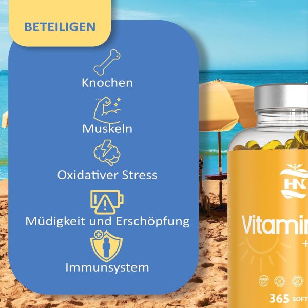 Vitamin D. (5000 IE) 365 Kapseln Vitamin D3 + K2 Hochdosiert Unterstützt Immun Und Knochenfunktion Hohe Konzentration Antioxidantien Antifettiga Weichkapseln Premium – Bild 2