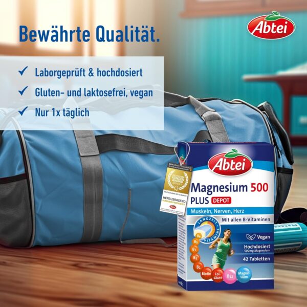 Abtei Magnesium 500 Plus Extra-Vital-Depot - hochdosiert - mit allen B-Vitaminen - für Muskeln, Nerven und Herz - vegan - 42 Tabletten – Bild 4