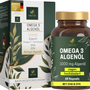 VITACTIV Omega 3 Algenöl Kapseln - 60 Stk - Marines Omega3 Vegan, Hochdosiert mit 1000mg Mikroalgenöl pro Tagesdosis - 450mg Omega-3 Fettsäuren DHA & EPA (2:1) - Herz, Gehirn, Augen – Laborgeprüft
