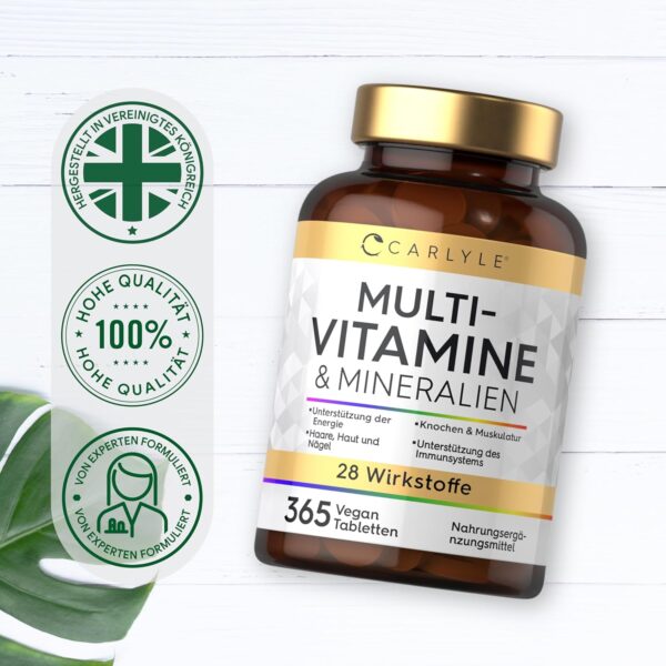 Multivitamin Tabletten Hochdosiert mit 28 Vitamine & Mineralien | 365 Vegane Stk | Immunsystem & Blutdruck (EFSA) | Nahrungsergänzungsmittel Frauen & Männer | Mineralstoffe Komplex | von Carlyle – Bild 7