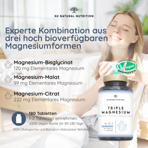 Magnesium Komplex hochdosiert, 440mg elementares Magnesium pro Tagesdosis. Triple Magnesium mit: Magnesiumcitrat 1440mg, Magnesiumbisglycinat 600 mg, Magnesiummalat 600mg. 180 Tablets. 3 Monats. N2 – Bild 4