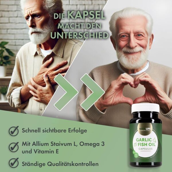 WellLife Knoblauch Fischöl Kapseln hochdosiert Vitamin E Omega 3 EPA & DHA Triglycerid Form Unterstützung Herz Kreislauf Blutdruck-Management 60 Tabletten – Bild 3