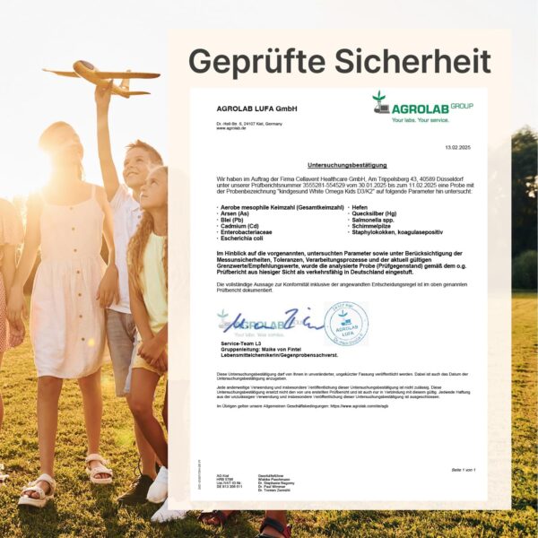 Vitamin D3+K2 für Kinder – zuckerfrei – 800 IE Vitamin D3 – mit 25 µg Vitamin K2 und 194 mg Omega-3 – 45 Mini-Kapseln (1,5 Monate) – Bild 7