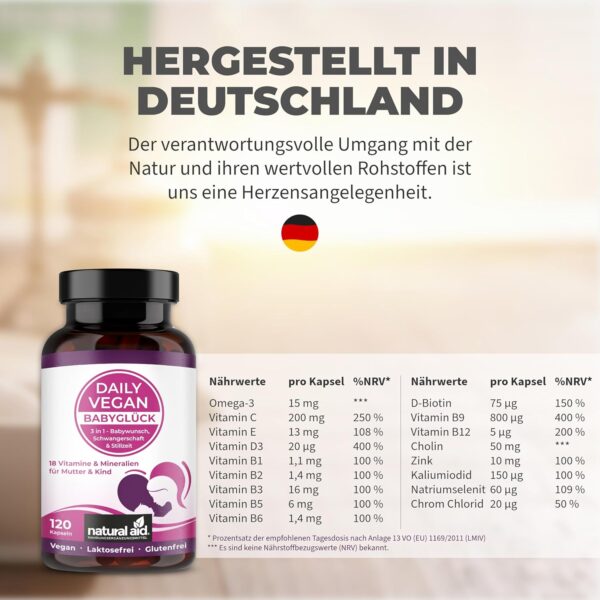 natural aid Daily Vegan Vitamin B12 Kapseln [100% vegan] 120 Stück Folsäure 3in1 laborgeprüft o. Zusätze in DE hergestellt Kinderwunsch Schwangerschaft Stillzeit Vitamin B12 – Bild 8