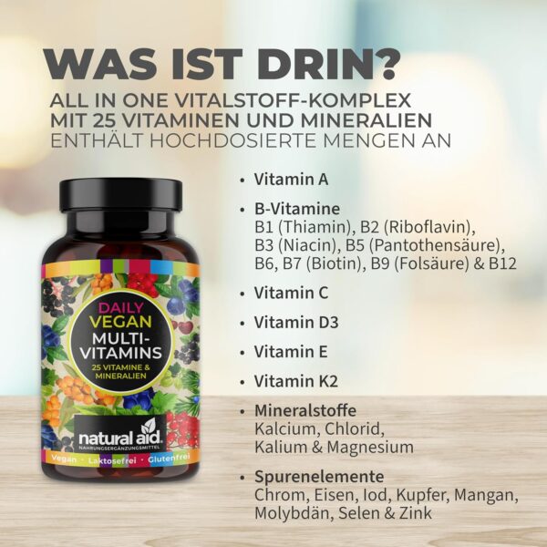 natural aid Multivitamin Kapseln [100% vegan] 120 Stück A-Z Vitamine Immunsystem stärken laborgeprüft o. Zusätze in DE hergestellt Multi Vitamin Komplex vegan – Bild 4