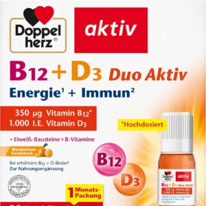 Doppelherz B12 + D3 Duo Aktiv - Hochdosiert mit Vitamin B12 + D3 zur Unterstützung einer normalen Funktion des Immunsystems - 30 Trinkfläschchen, Flüssigkeit