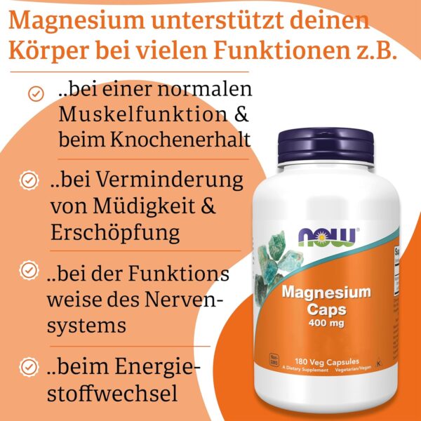 Now Foods, Magnesium Caps, 400 mg, 180 vegane Kapseln, Laborgeprüft, Mineralien, Glutenfrei, Sojafrei, Vegetarisch – Bild 4