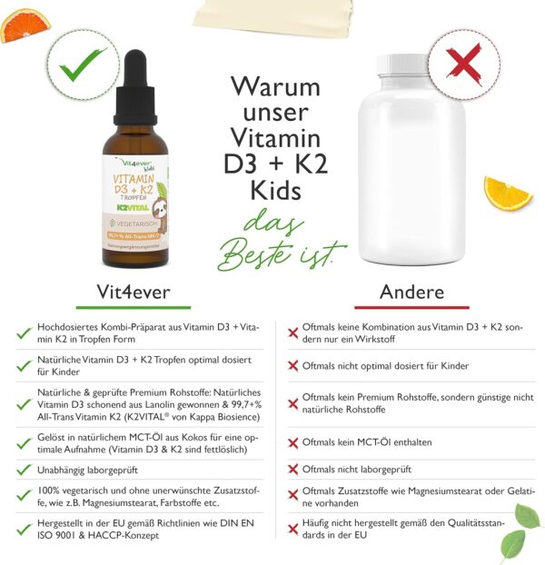 Vitamin D3 K2 Tropfen für Kinder für 300 Tage (10 Monate) - 500 IE Vitamin D & 25μg Vitamin K2 - Hoch bioverfügbar durch Original K2VITAL® - Ohne schädliche Zusätze - Vitamine für Kids – Bild 3